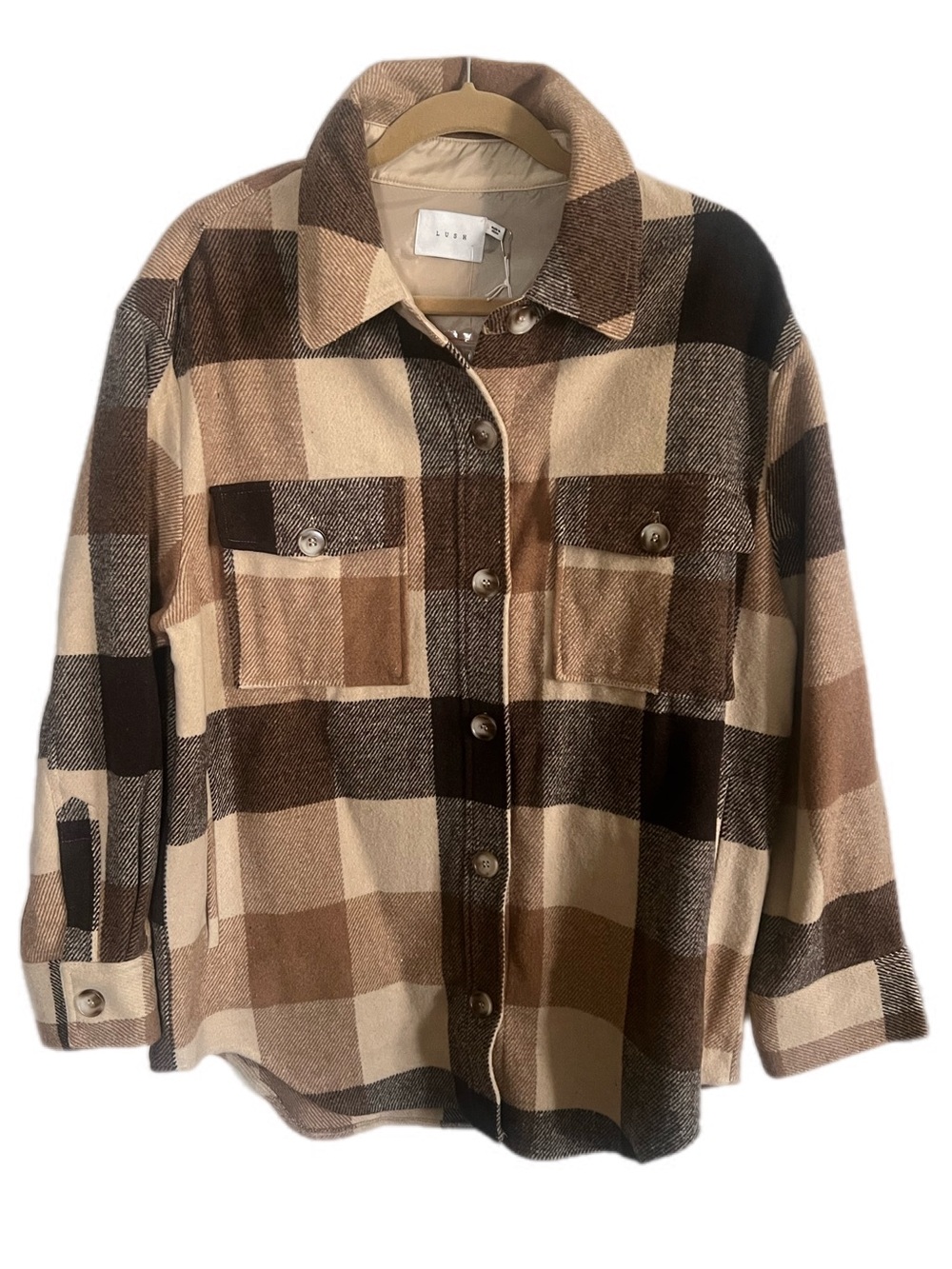 Mod Boutique Lush Beige Tan Brown Plaid Button-Front Shacket Shirt Fall Style